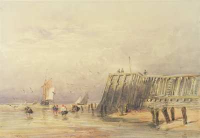 Meereslandschaft mit Segelschiffen und Figuren, die im Wasser waten, 1832 von David Cox